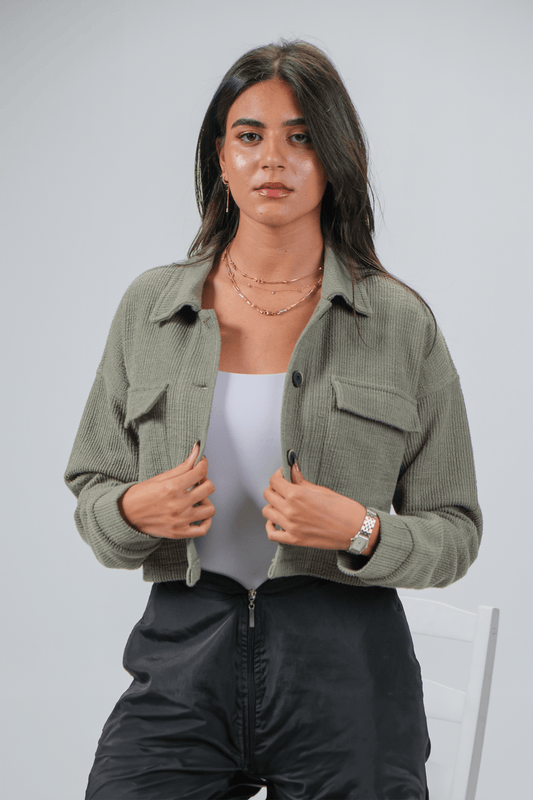 Cropped Olive Buttoned Jacket